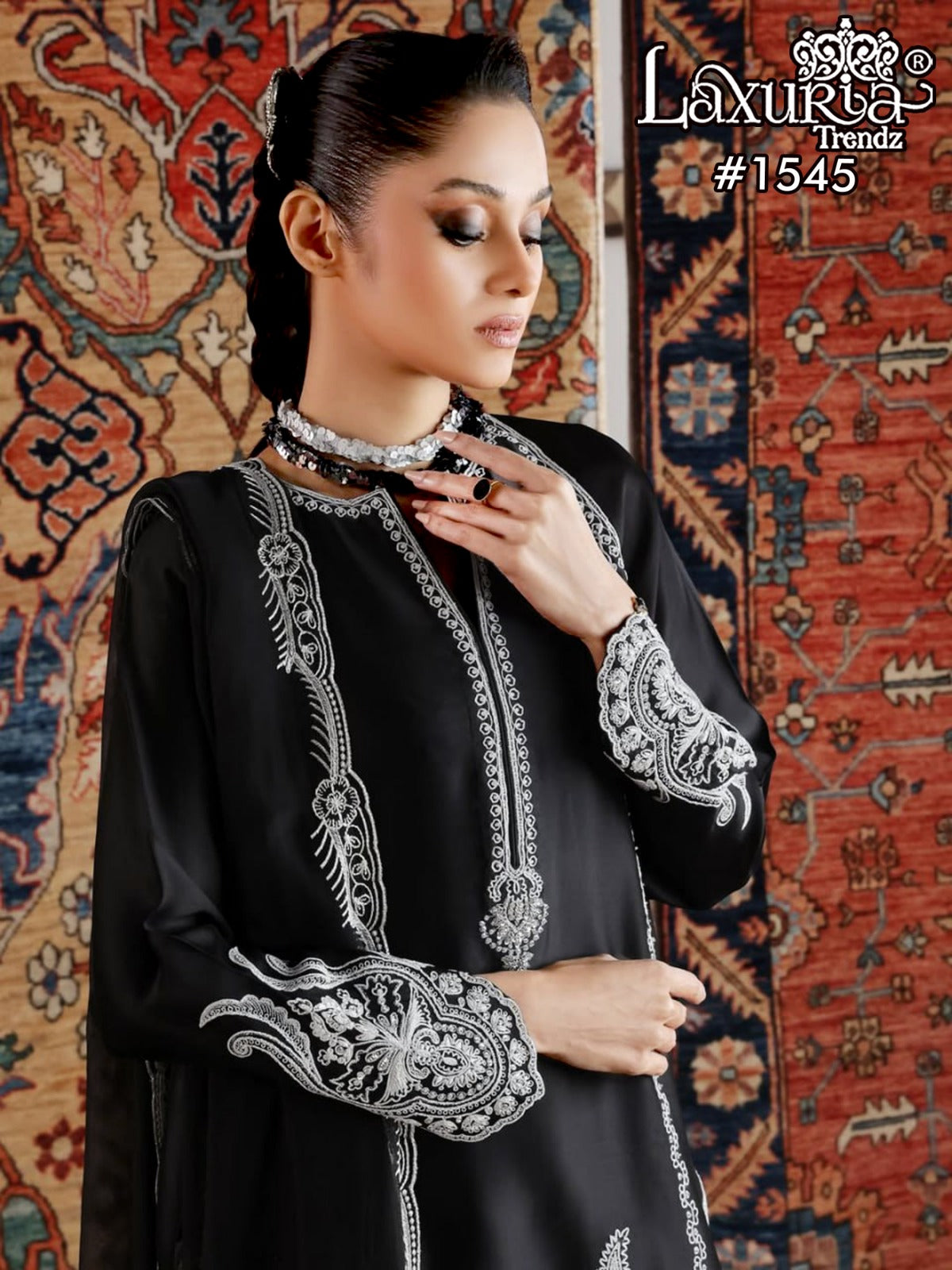 1545 Black Laxuria Trendz Satin Pakistani Readymade Suits