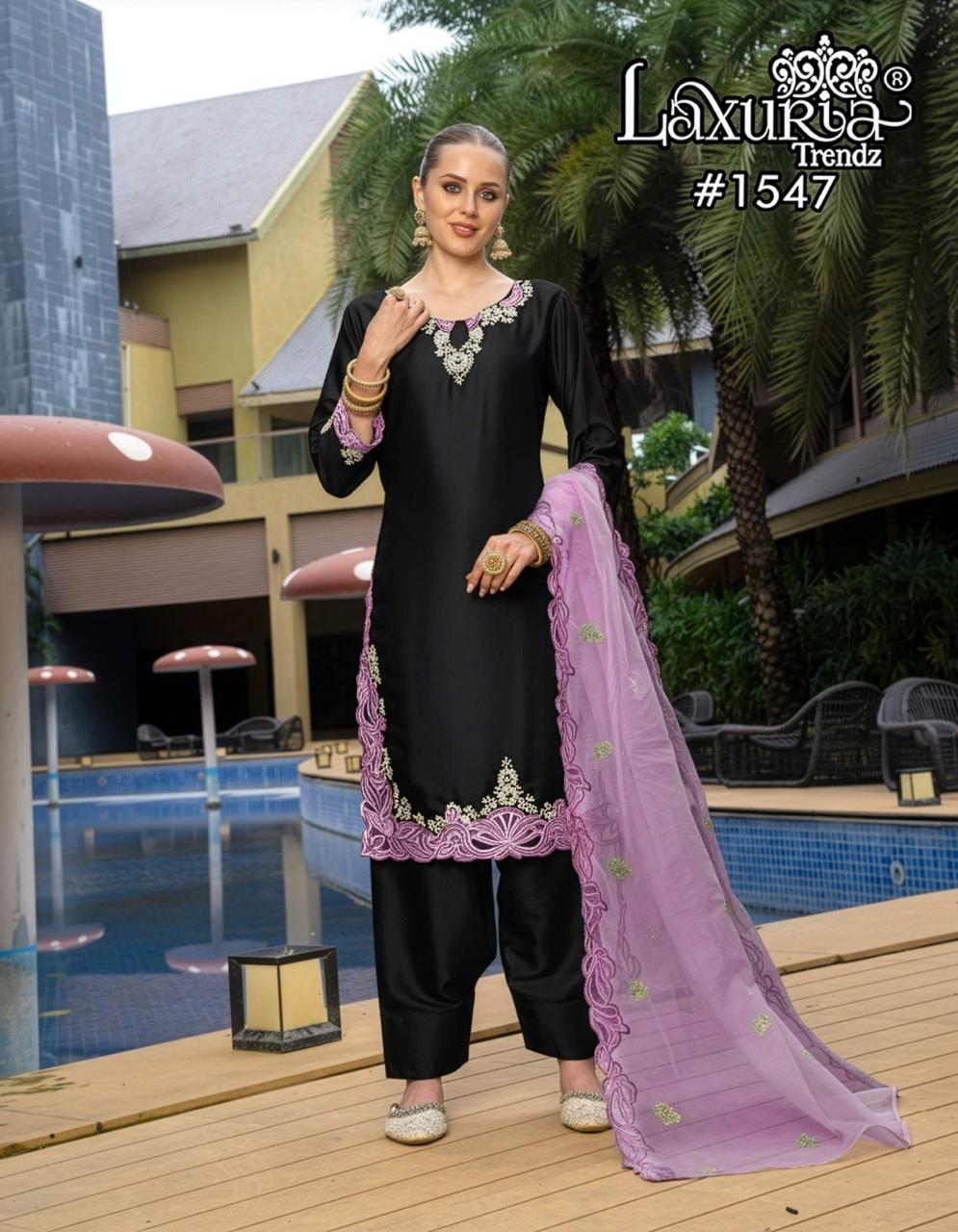 1547 Pink Black Laxuria Trendz Satin Pakistani Readymade Suits