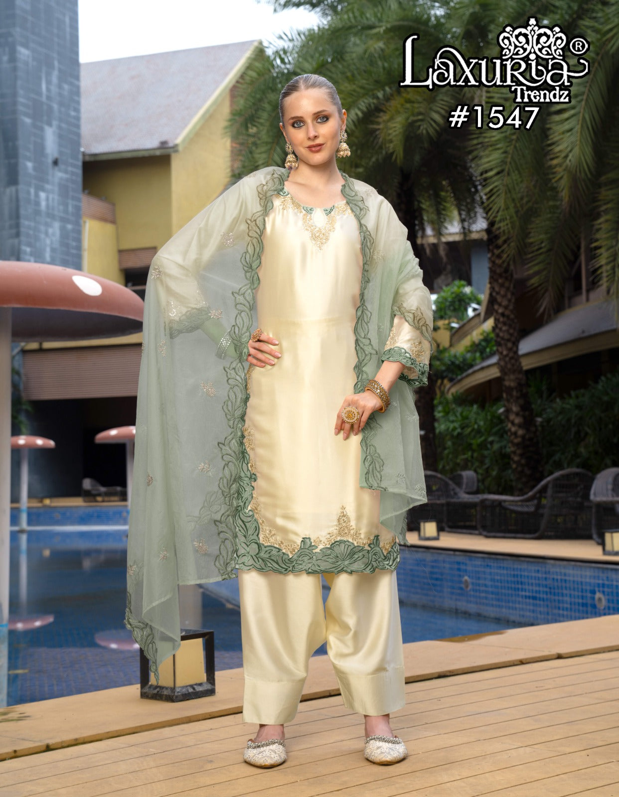 1547 Pista Laxuria Trendz Satin Pakistani Readymade Suits