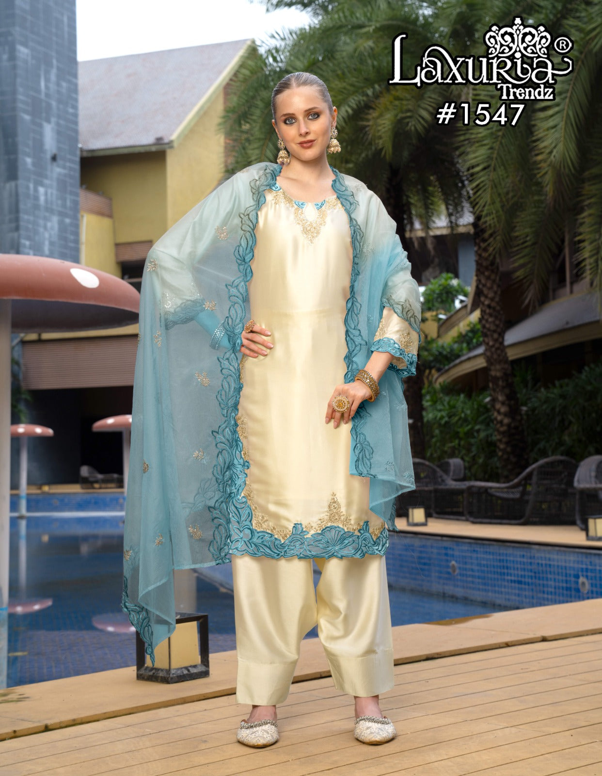 1547 Sky Laxuria Trendz Satin Pakistani Readymade Suits