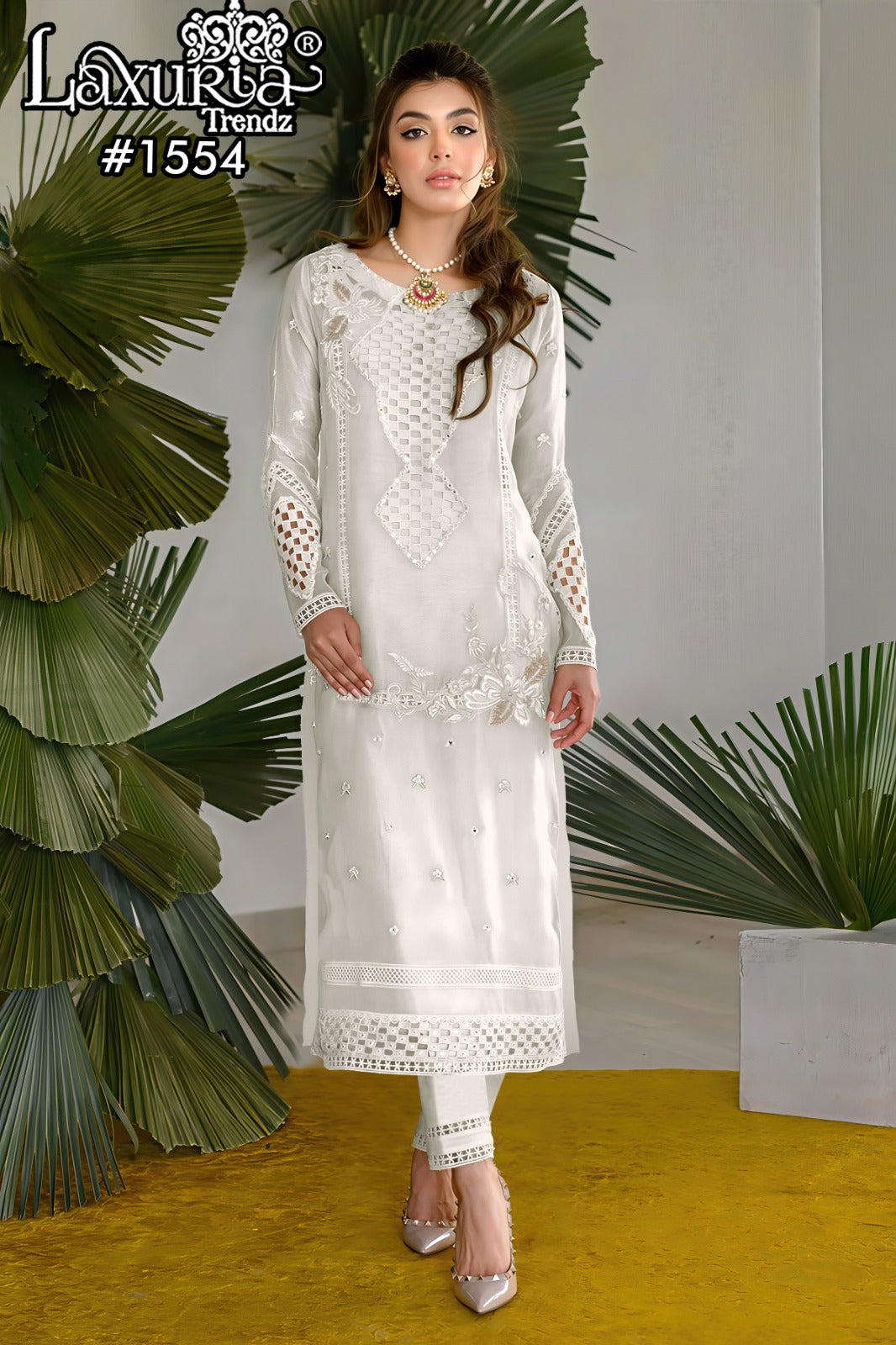 1554 White Laxuria Trendz Vichitrta Simmer Pakistani Readymade Suits