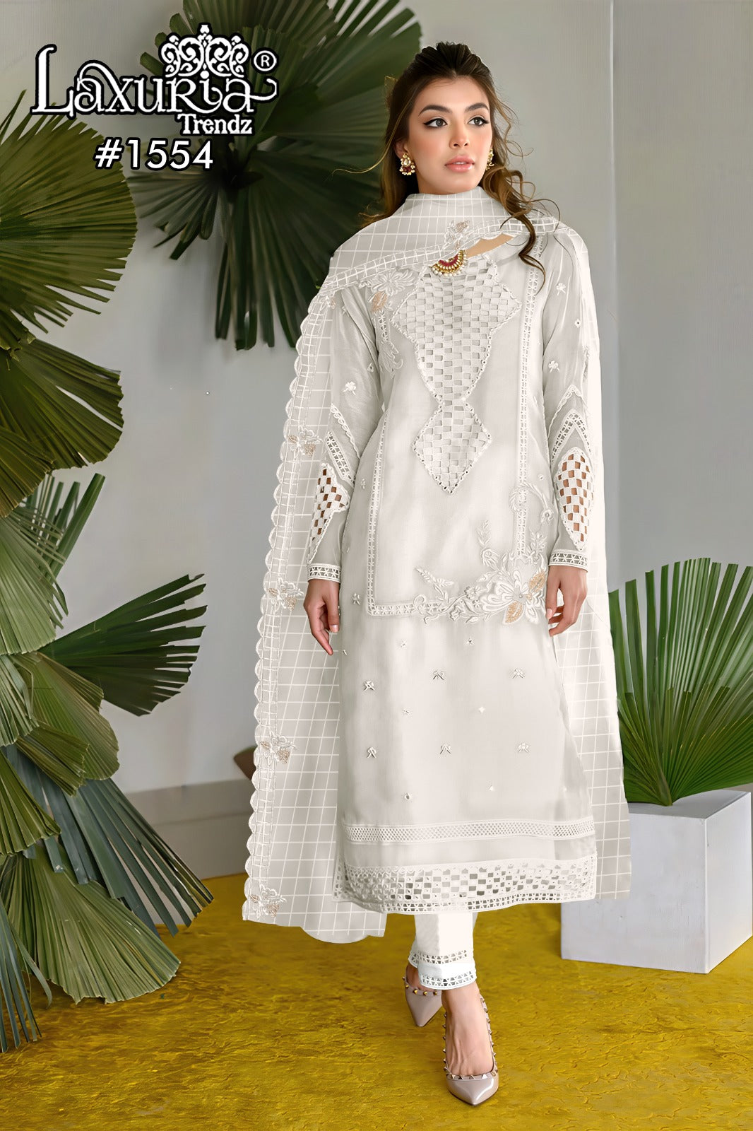 1554 White Laxuria Trendz Vichitrta Simmer Pakistani Readymade Suits