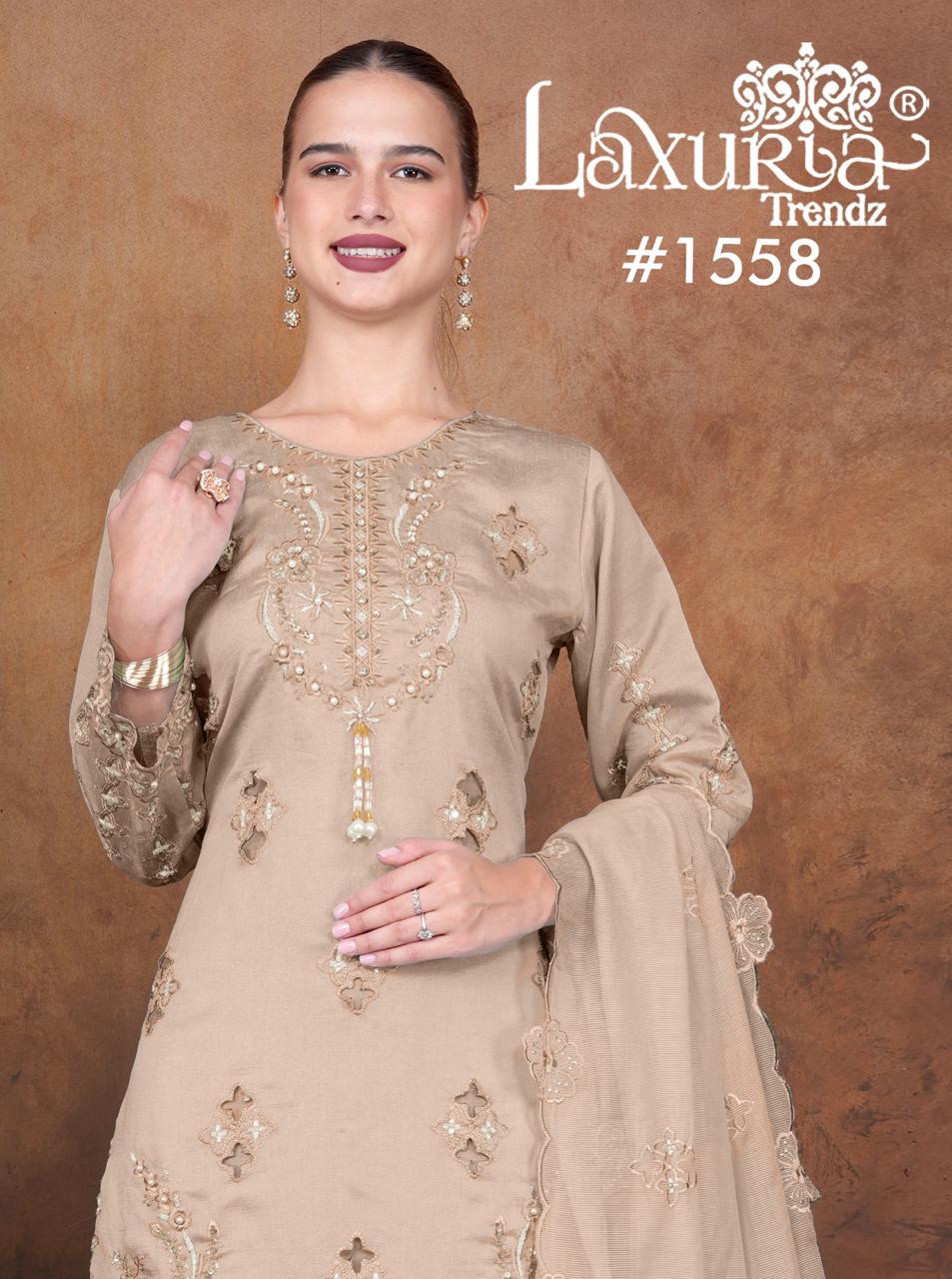 1558 Beige Laxuria Trendz Vichitra Simmer Pakistani Readymade Suits