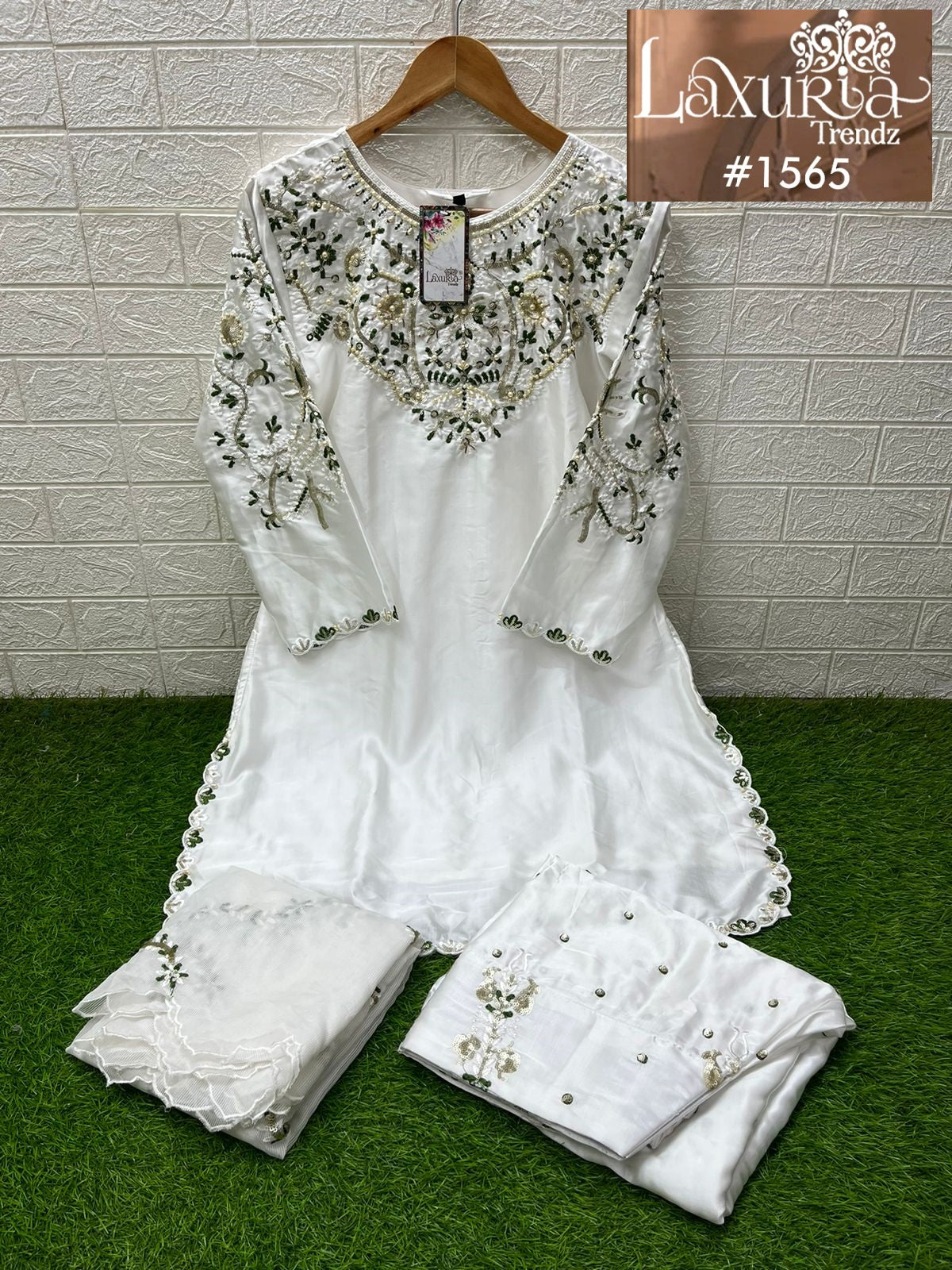 1565 White Laxuria Trendz Satin Pakistani Readymade Suits