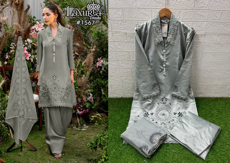 1567 Grey Laxuria Trendz Satin Pakistani Readymade Suits