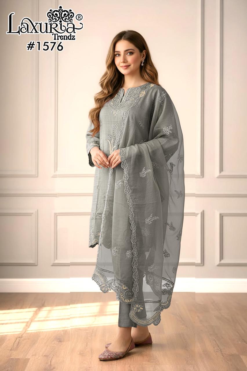 1576 Grey Laxuria Trendz Torrento Slub Pakistani Readymade Suits