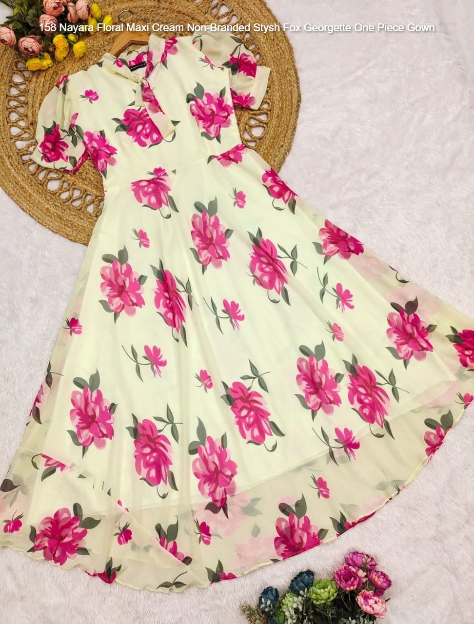 158 Nayara Floral Maxi Cream Non-Branded Stysh Fox Georgette One Piece Gown