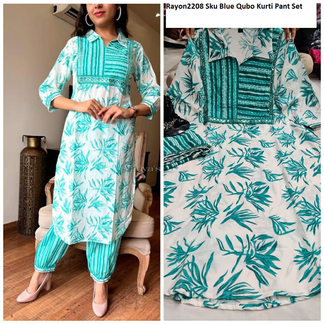 Rayon2208 Sky Blue Qubo Kurti Pant Set