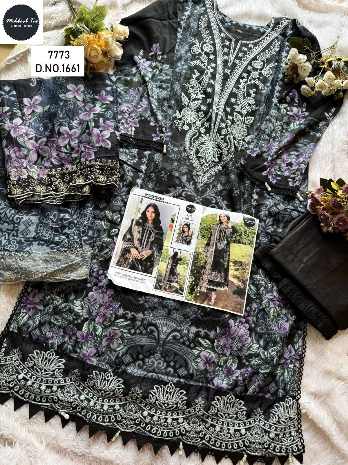 1661 Black Mehboob Tex Embroidery Pakistani Patch Suits