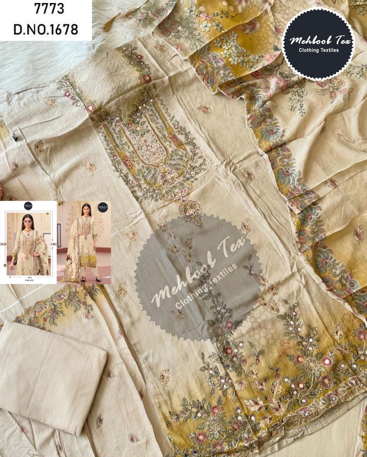 1678 Cream Mehboob Tex Printed Karachi Unstitched Suits