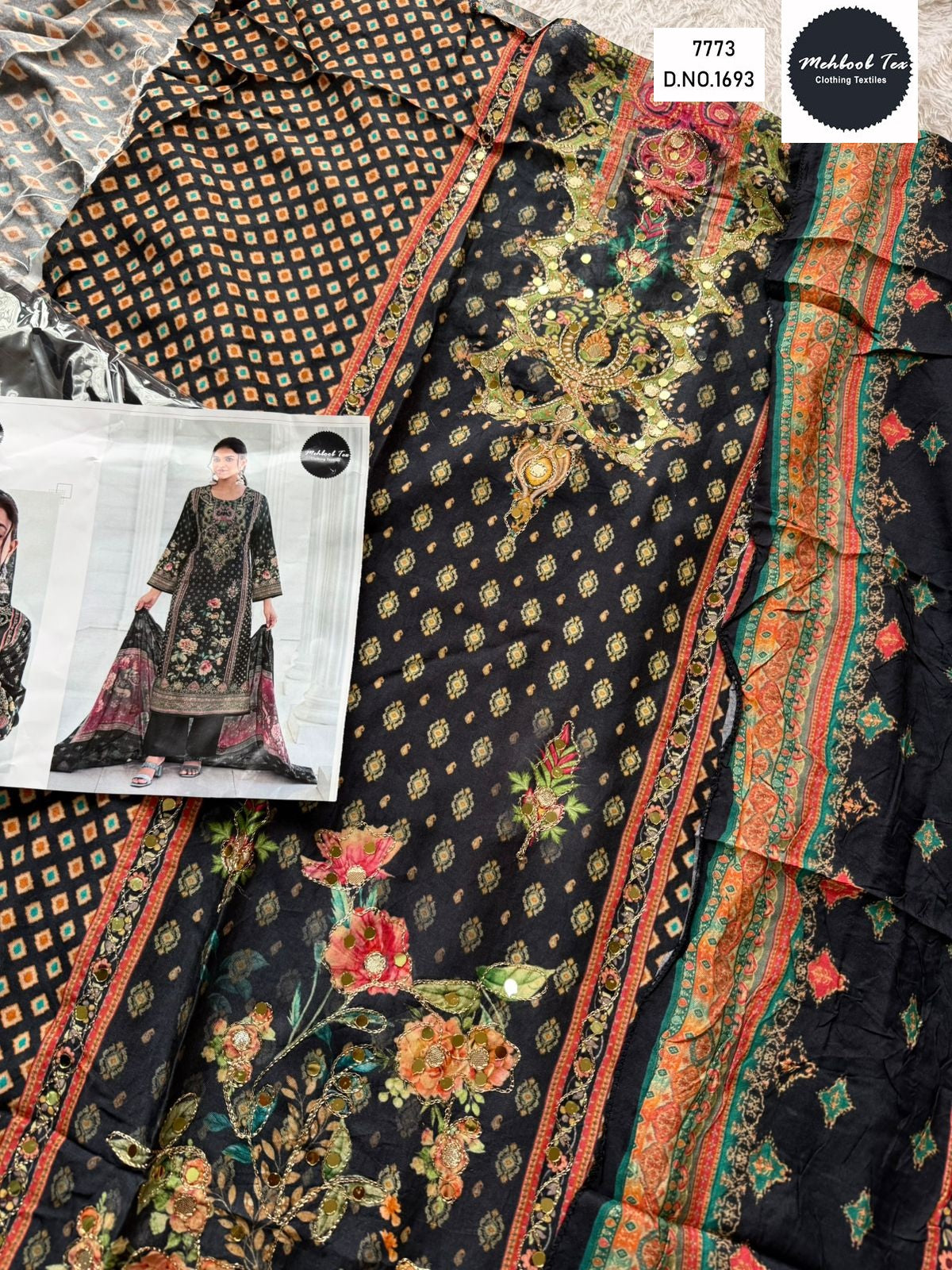 1693 Black Mehboob Tex Printed Karachi Unstitched Suits