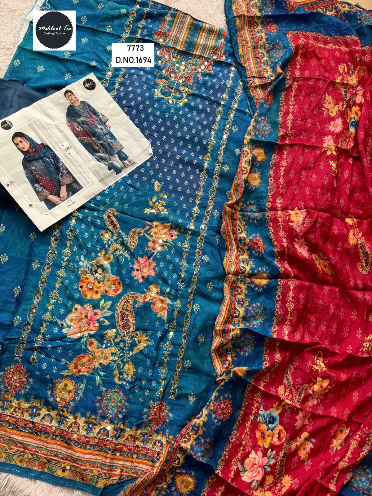 1694 Blue Mehboob Tex Printed Karachi Unstitched Suits