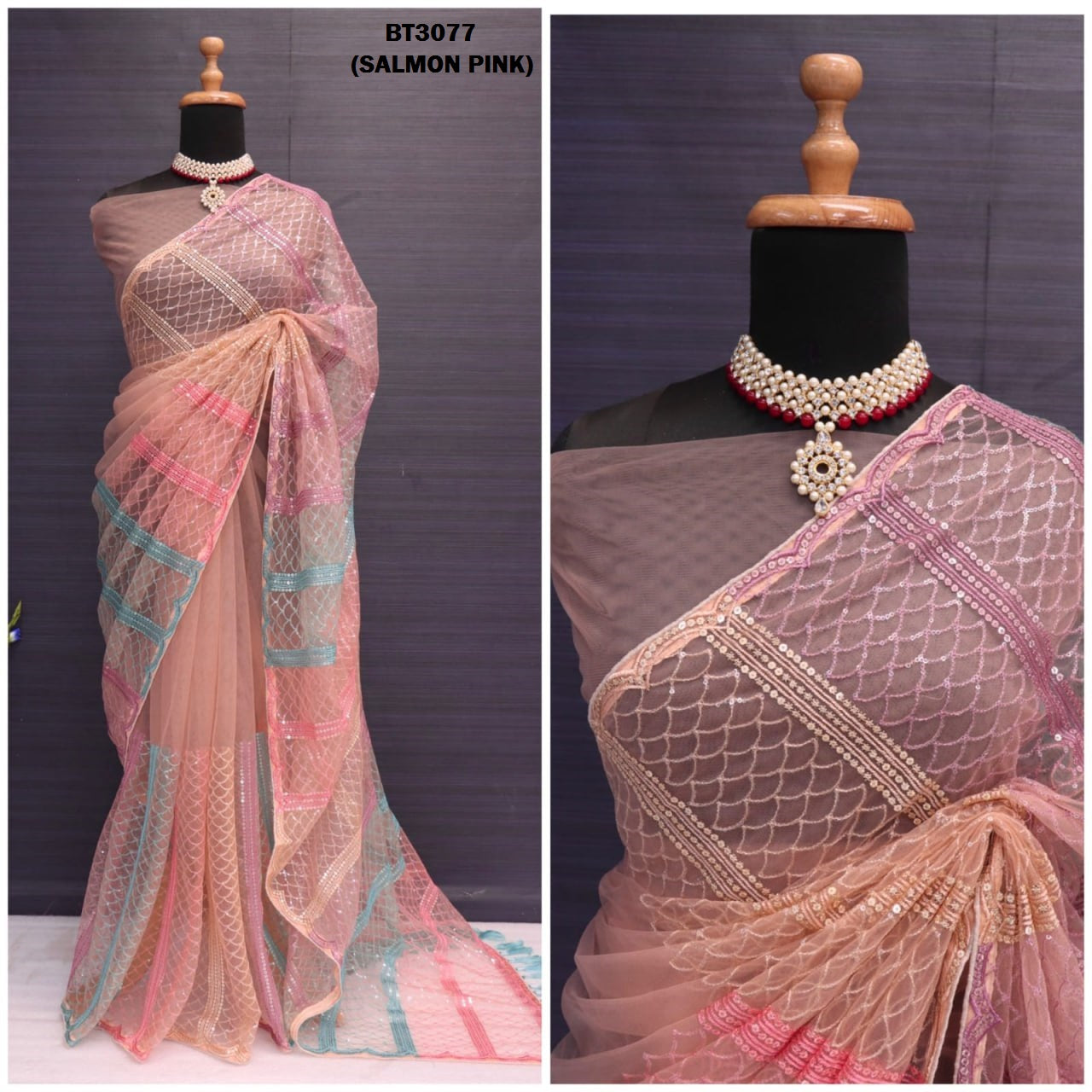 3077 Salmon Pink Bt Sarees
