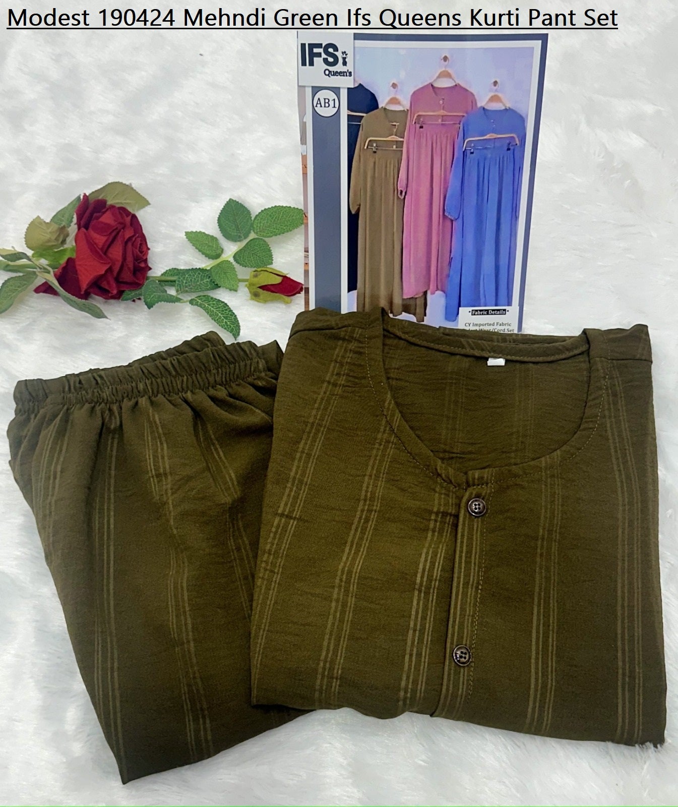 Modest 190424 Mehndi Green Ifs Queens Kurti Pant Set