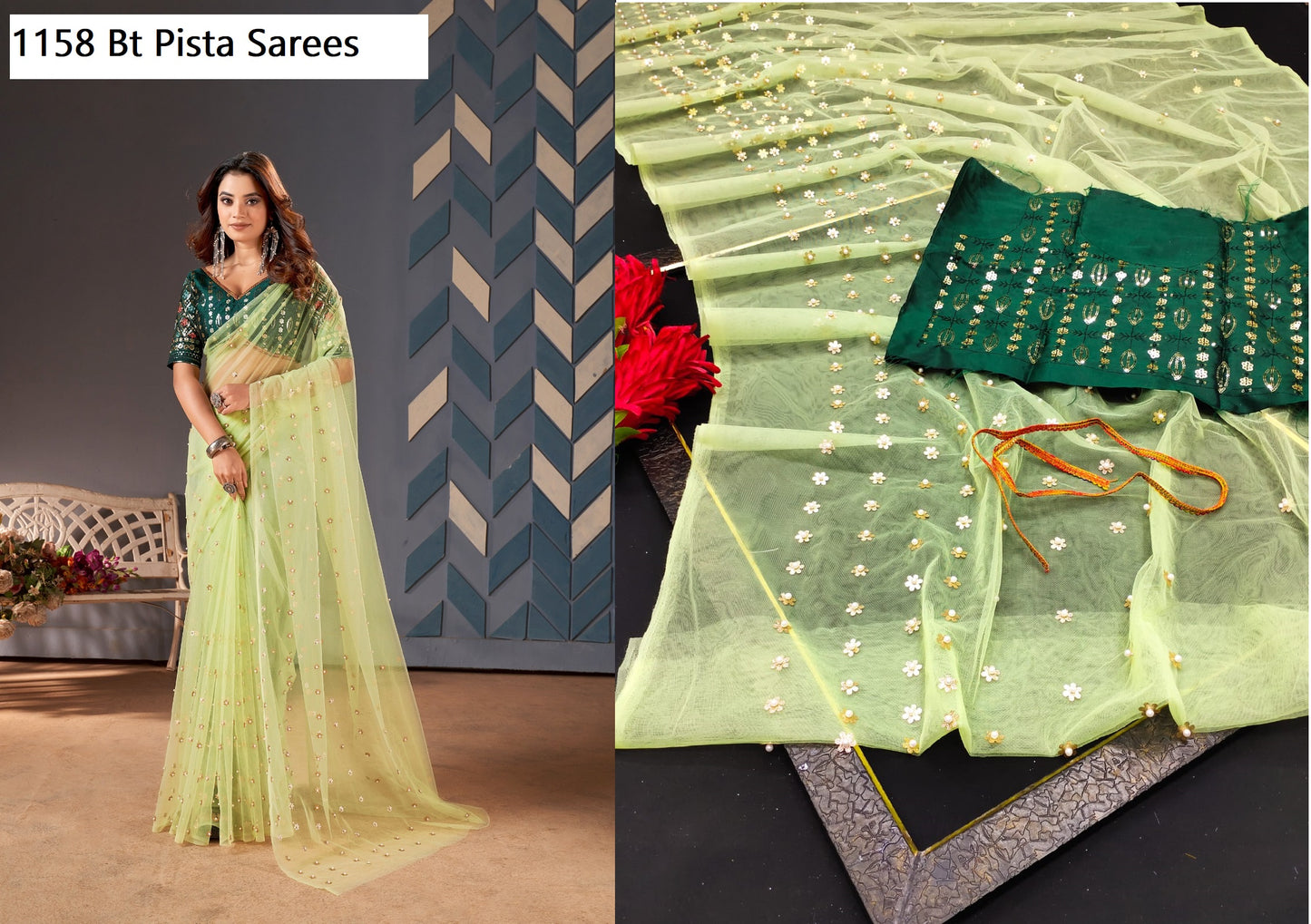 1158Pista Bt Sarees