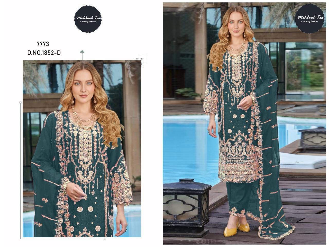 1852-D Mehboob Tex Denting Chiffon Pakistani Salwar Suits