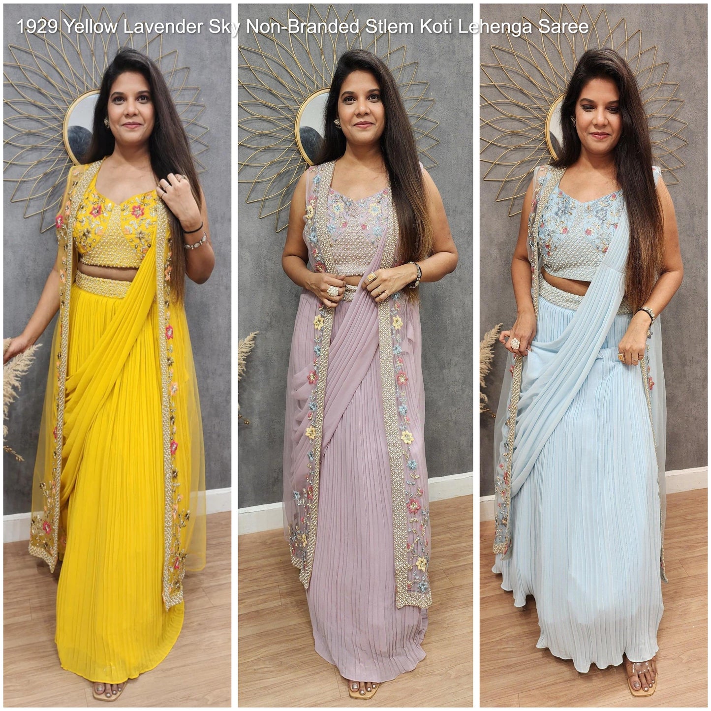 1929 Yellow Lavender Sky Non-Branded Stlem Koti Lehenga Saree