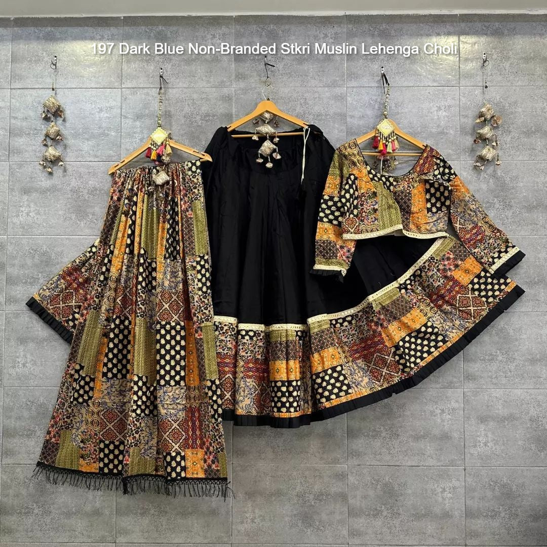 197 Dark Blue Non-Branded Stkri Muslin Lehenga Choli