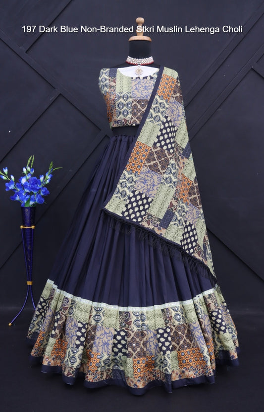 197 Dark Blue Non-Branded Stkri Muslin Lehenga Choli