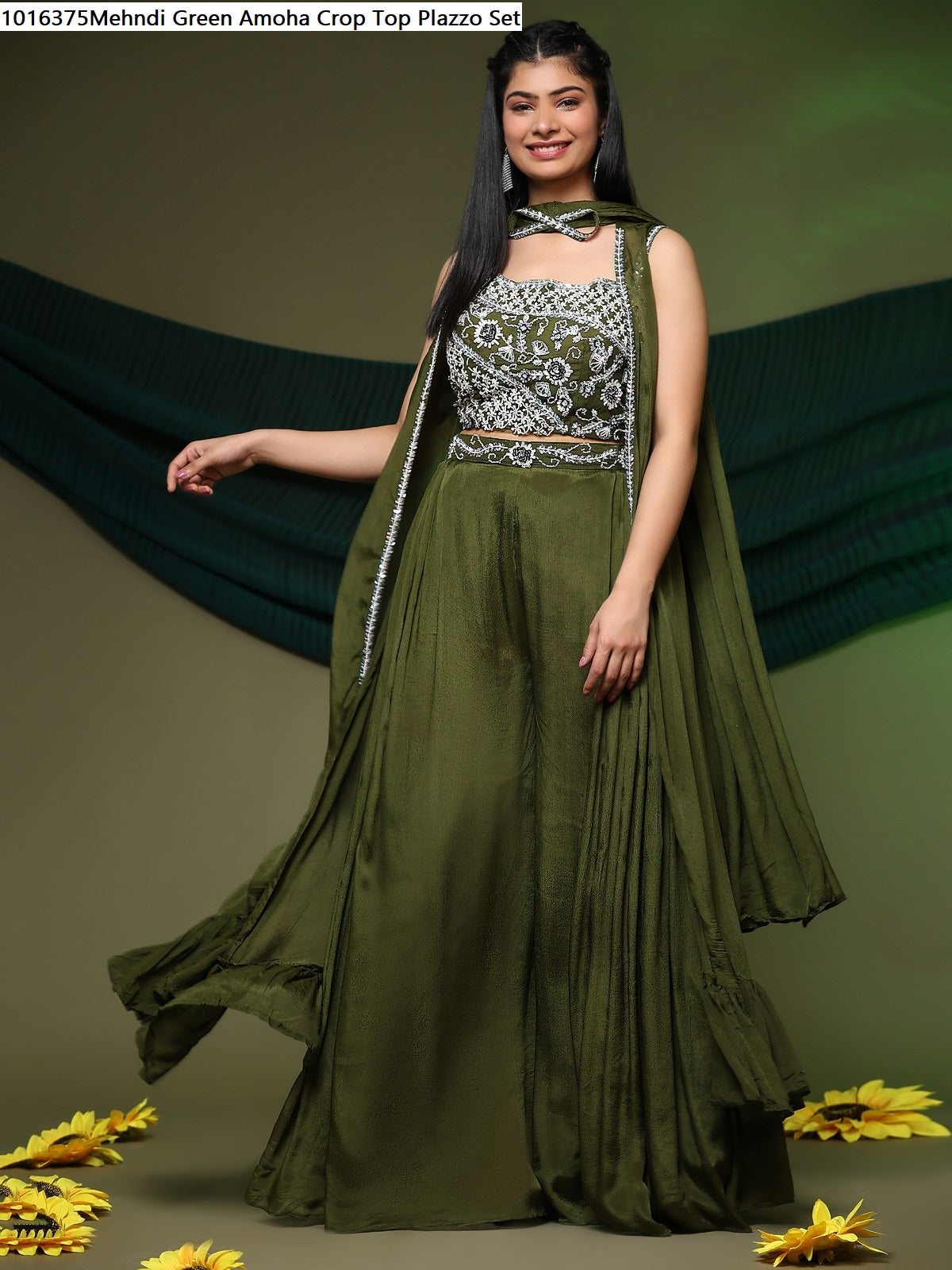 1016375Mehndi Green Amoha Crop Top Plazzo Set