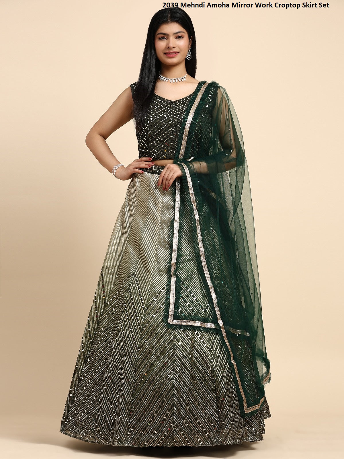 2039 Mehndi Amoha Mirror Work Croptop Skirt Set