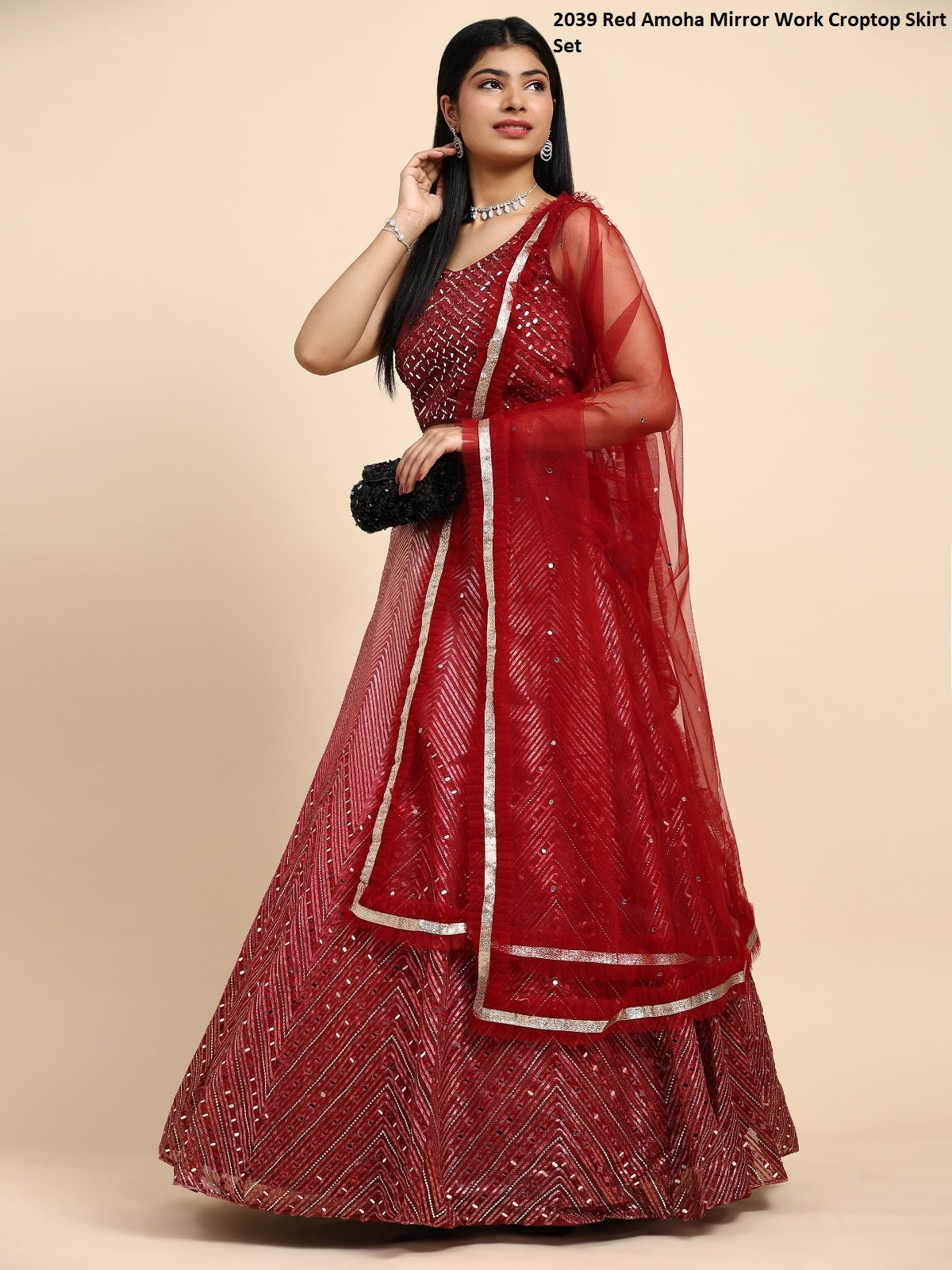 2039 Red Amoha Mirror Work Croptop Skirt Set