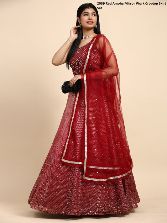 2039 Red Amoha Mirror Work Croptop Skirt Set