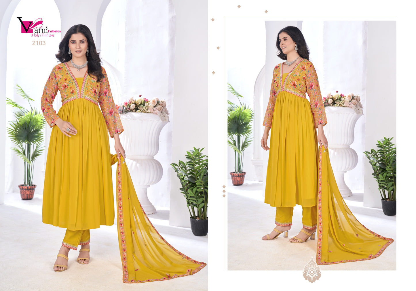 2103 Zeeya Vaishnavi Varni Fabrics Alia Cut Readymade Suits