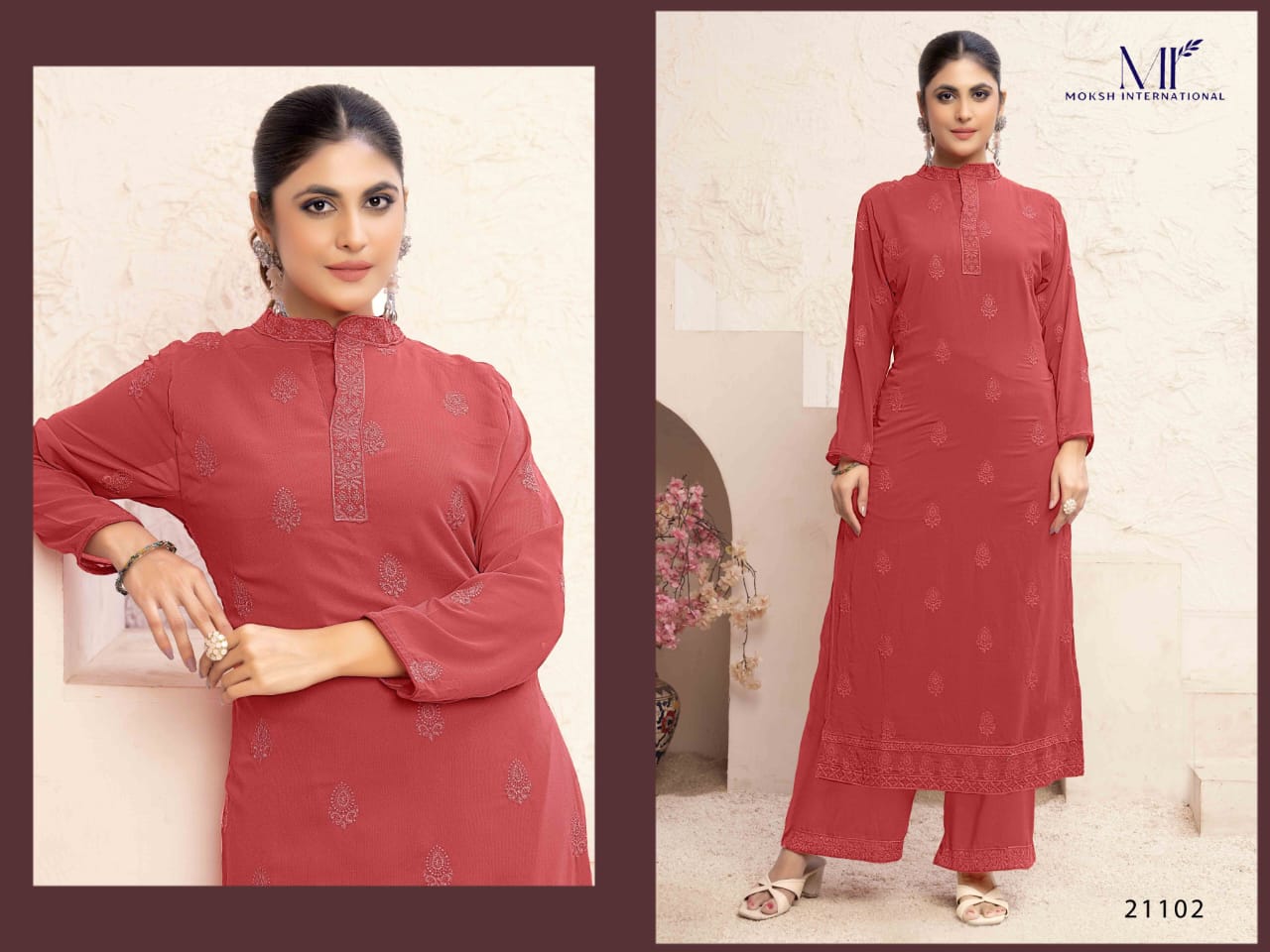 21102 Vani Vol 1 Moksh Fox Georgette Kurti Plazzo Set