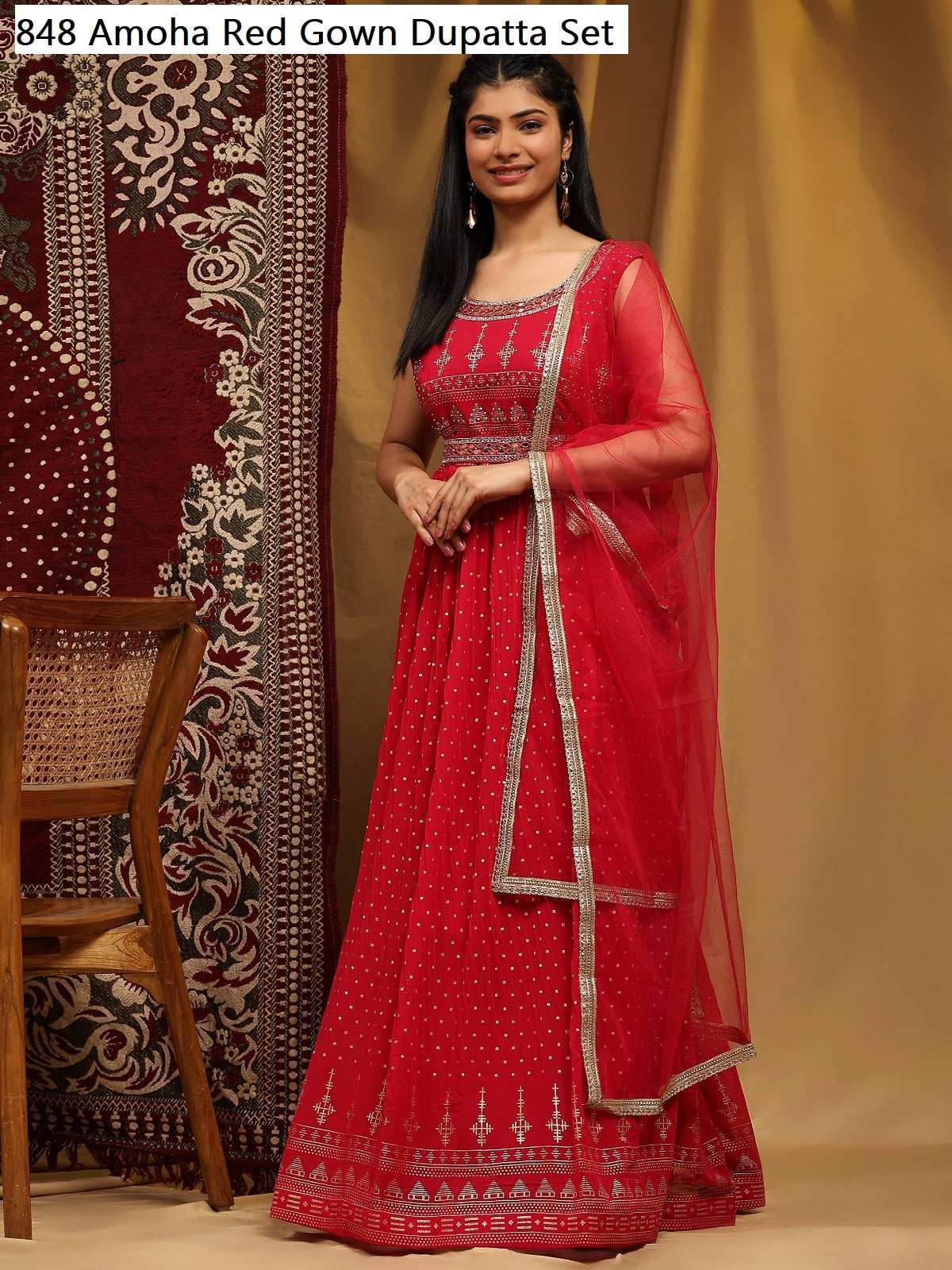 848Red Amoha Gown Dupatta Set