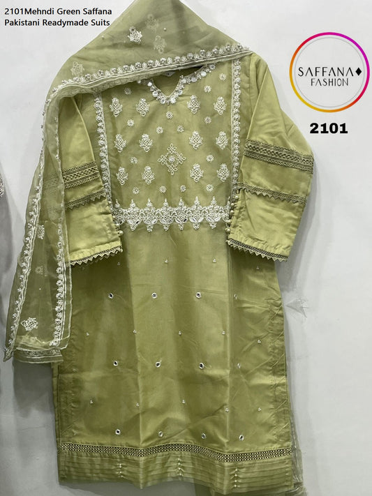 2101Mehndi Green Saffana Pakistani Readymade Suits