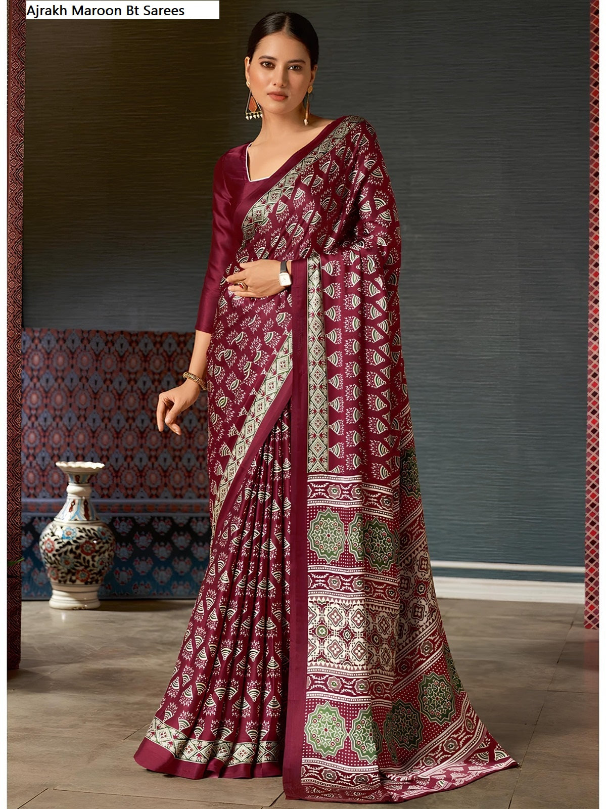 Ajrakh Maroon Bt Sarees