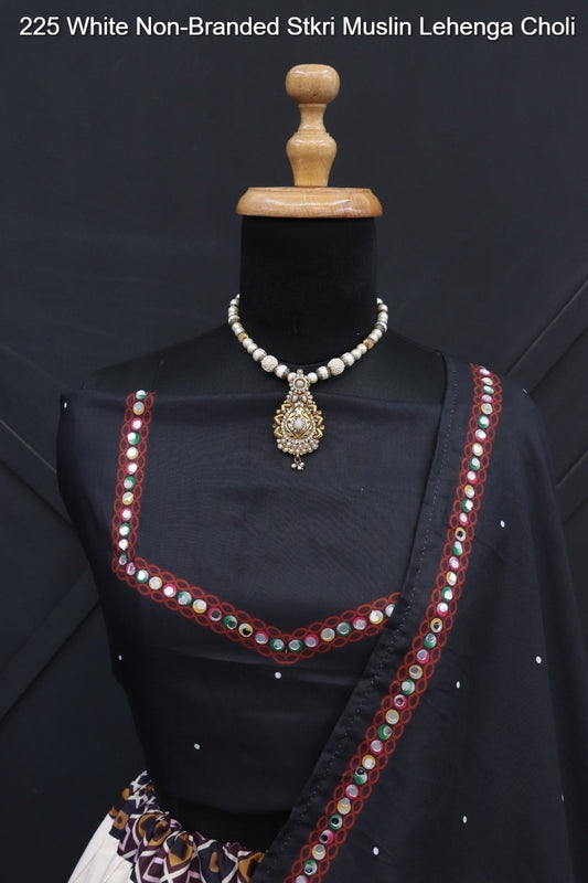 225 White Non-Branded Stkri Muslin Lehenga Choli