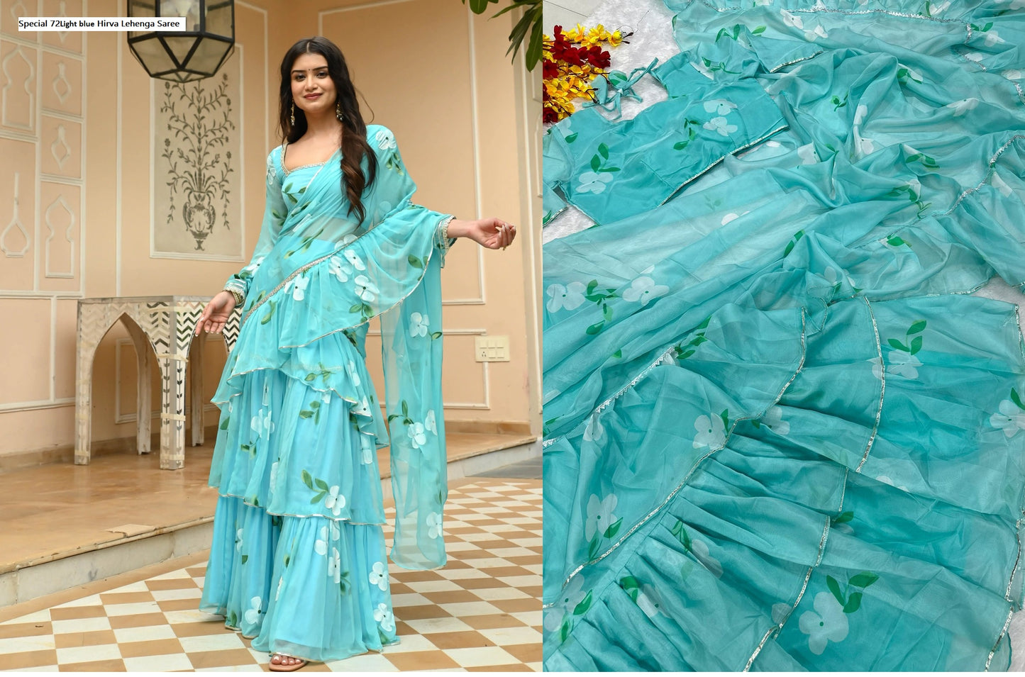 Special 72Light Blue Hirva Lehenga Saree