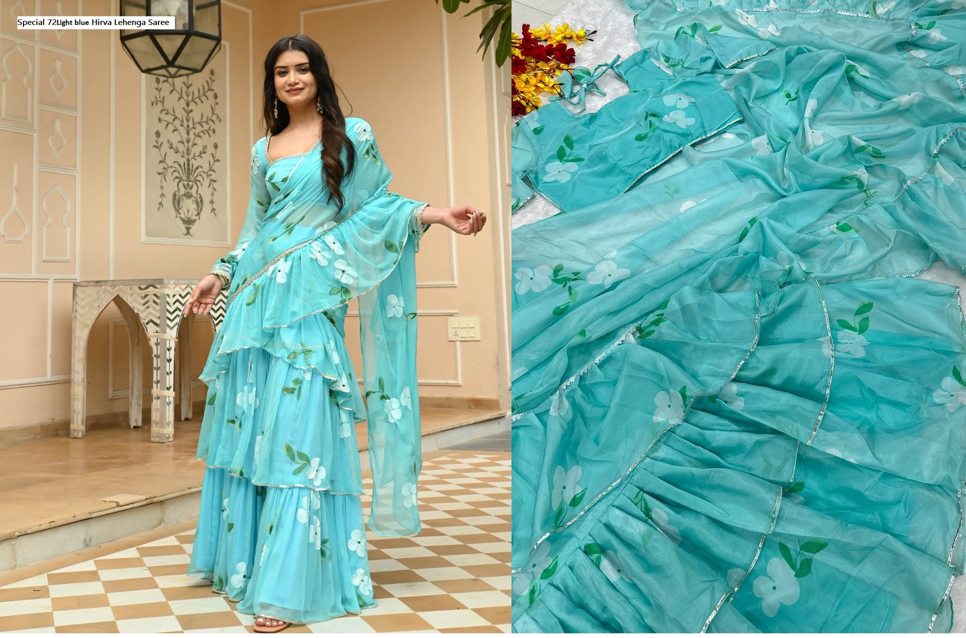 Special 72Light Blue Hirva Lehenga Saree