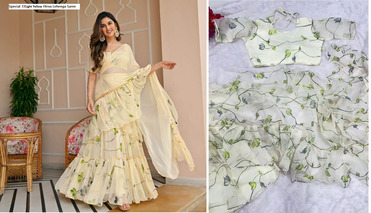Special 72Light Yellow Hirva Lehenga Saree