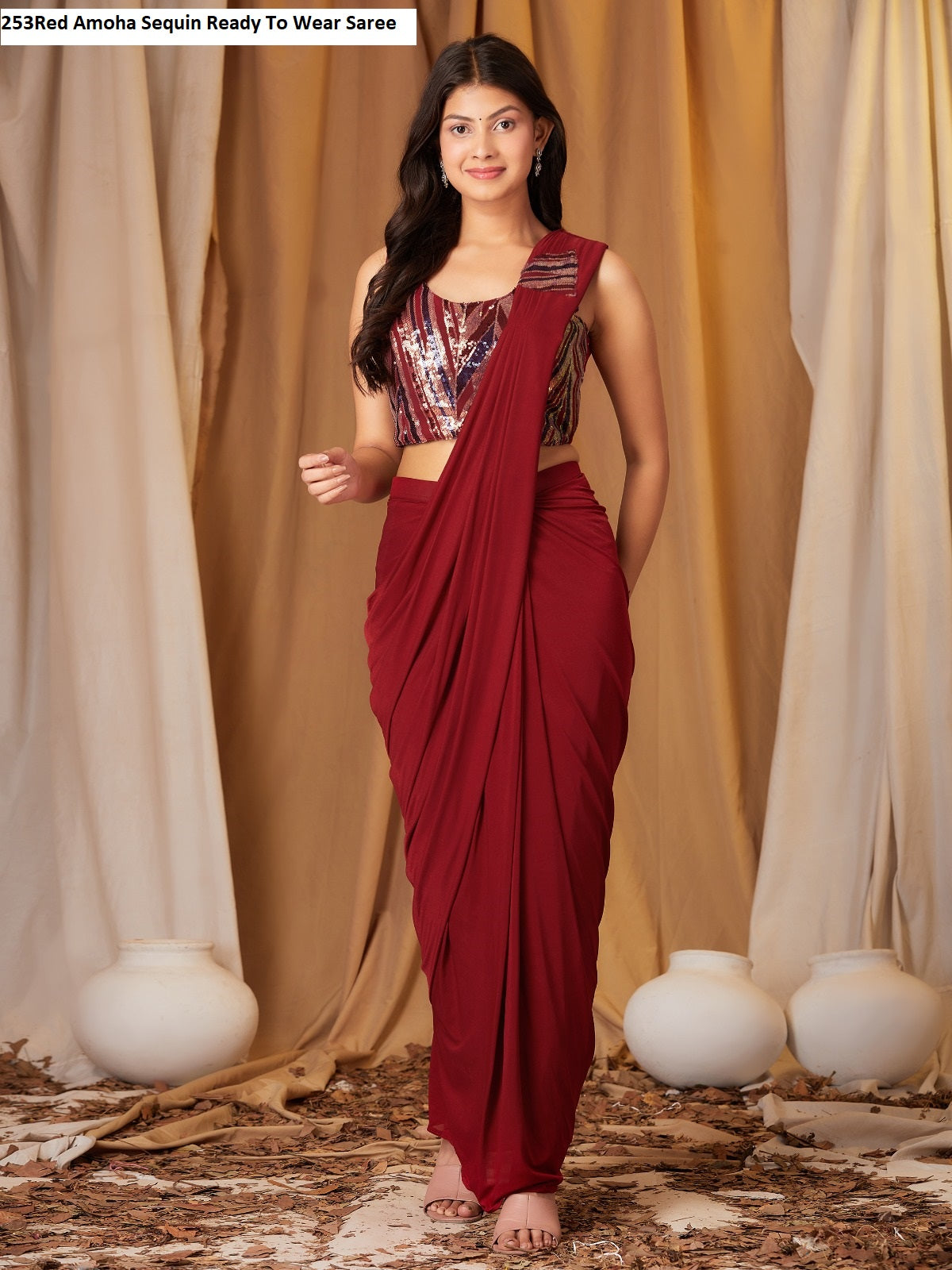 253 Red Amoha Sequin Ready To Wear Saree