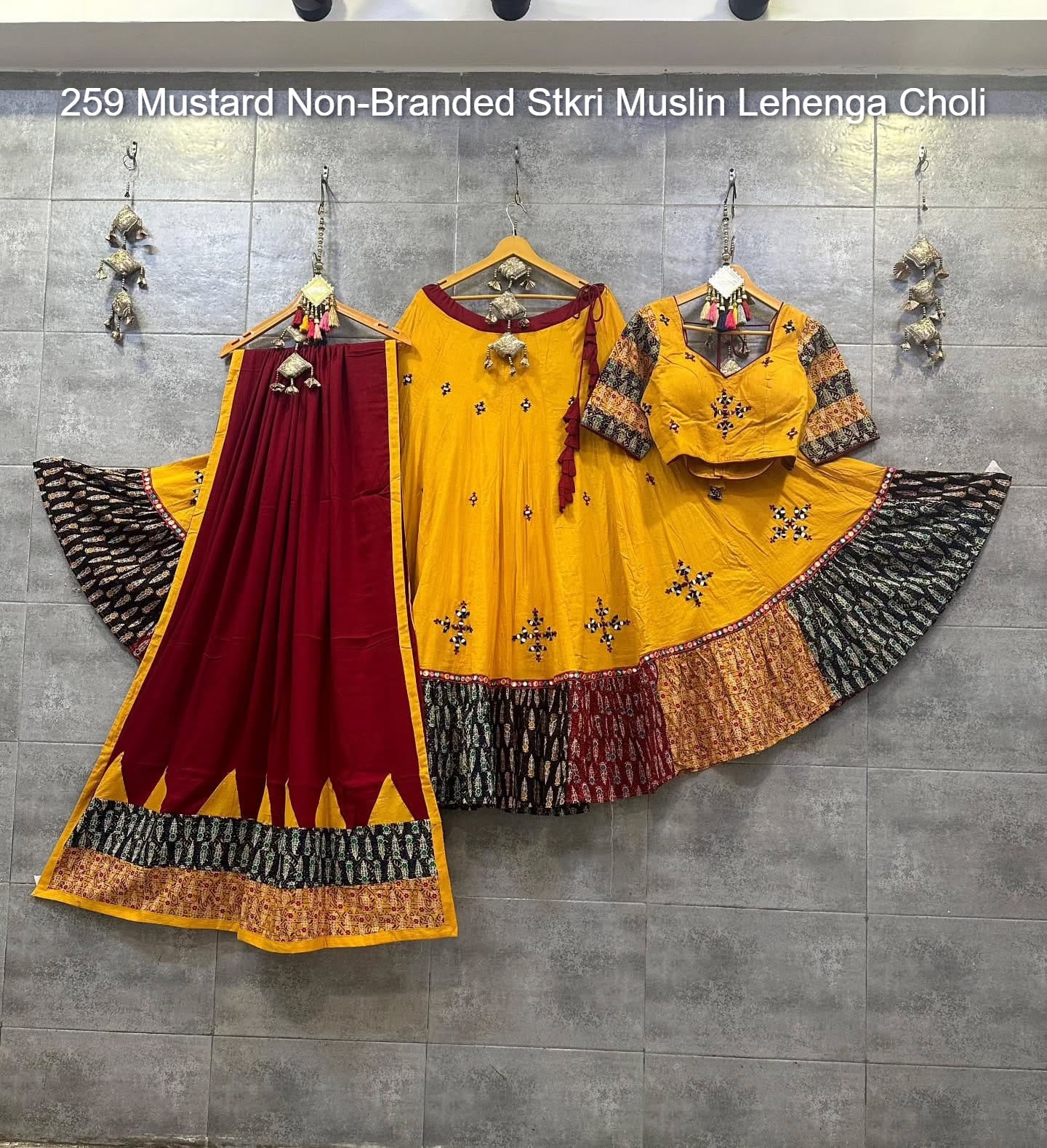 259 Mustard Non-Branded Stkri Muslin Lehenga Choli
