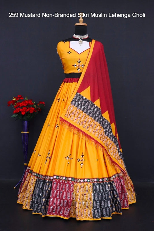 259 Mustard Non-Branded Stkri Muslin Lehenga Choli