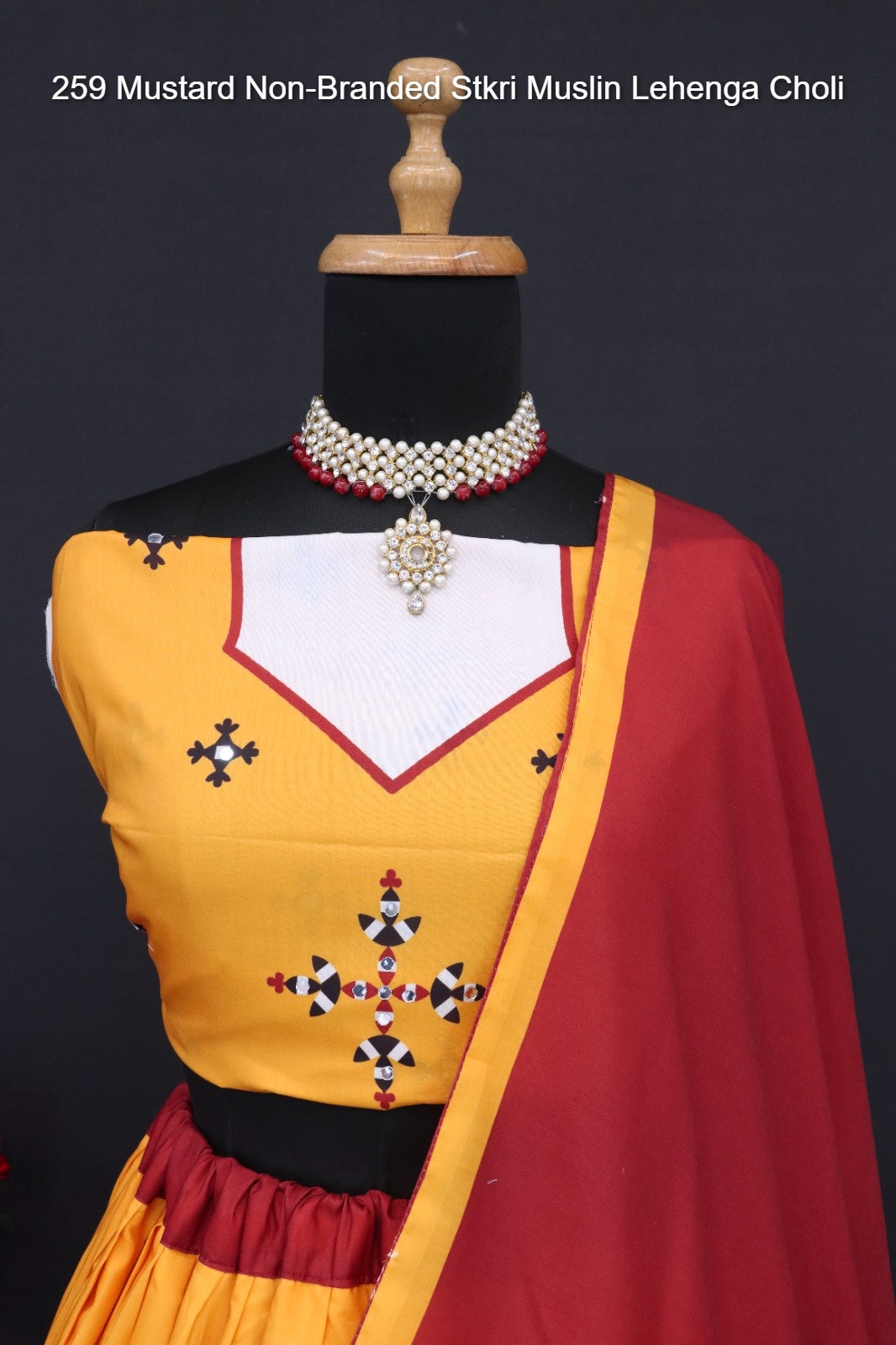 259 Mustard Non-Branded Stkri Muslin Lehenga Choli