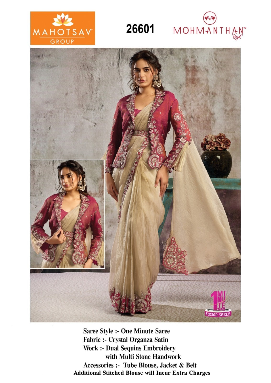 26601 Mohmanthan Selene Mahotsav Organza Satin Ready To Wear Saree