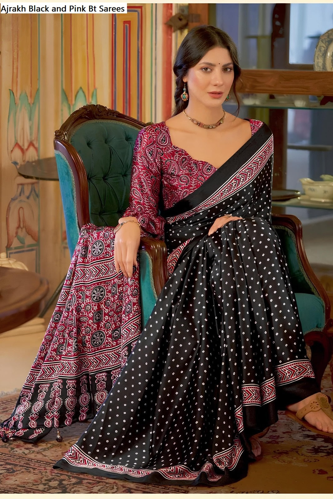 Ajrakh Black And Pink Bt Sarees