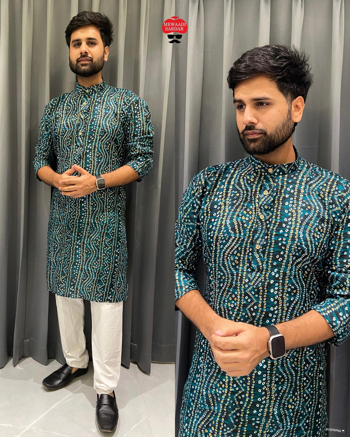 Being Bandhani Print Rama Bluehills Mens Kurta