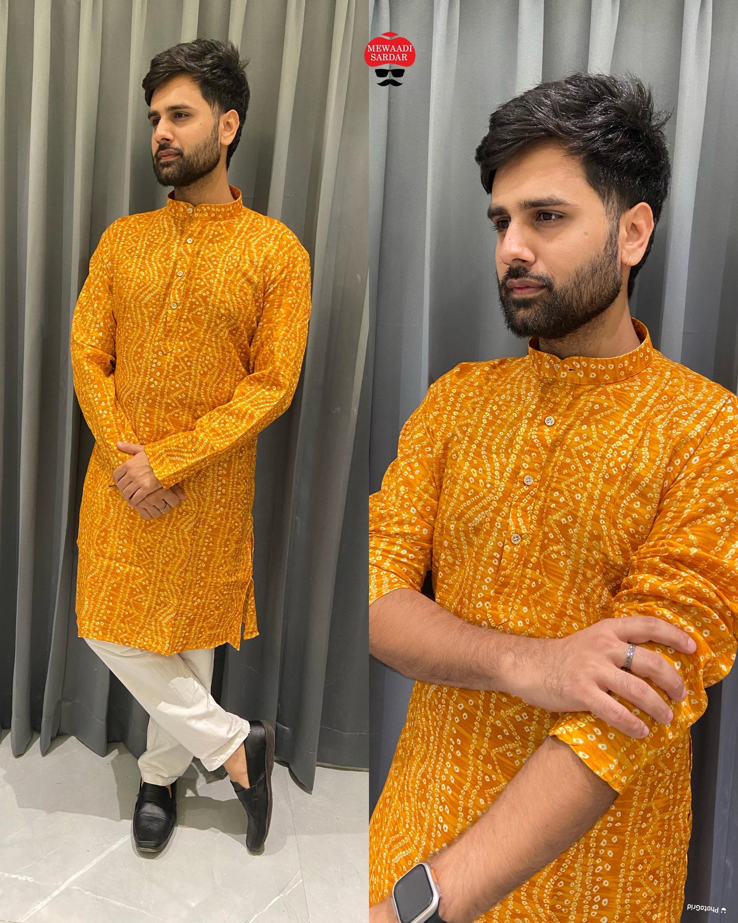 Being Bandhani Print Yellow Bluehills Mens Kurta
