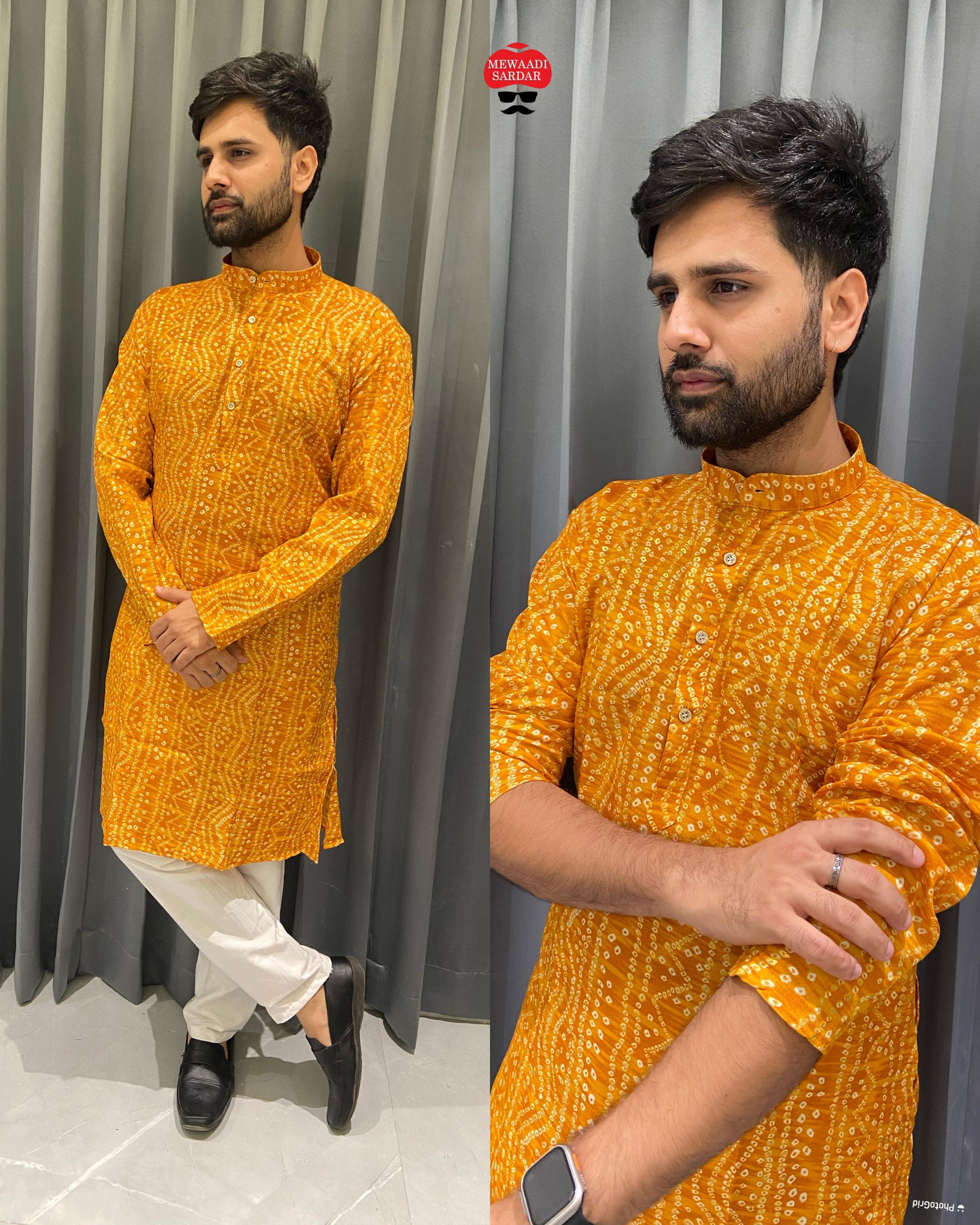 Being Bandhani Print Yellow Bluehills Mens Kurta