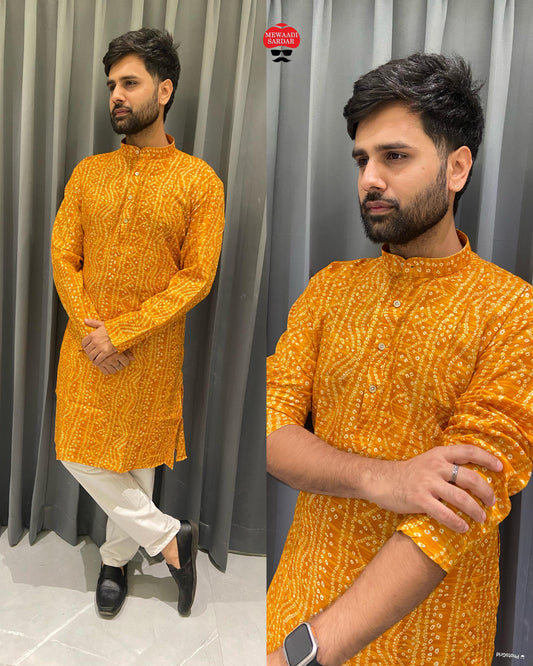 Being Bandhani Print Yellow Bluehills Mens Kurta