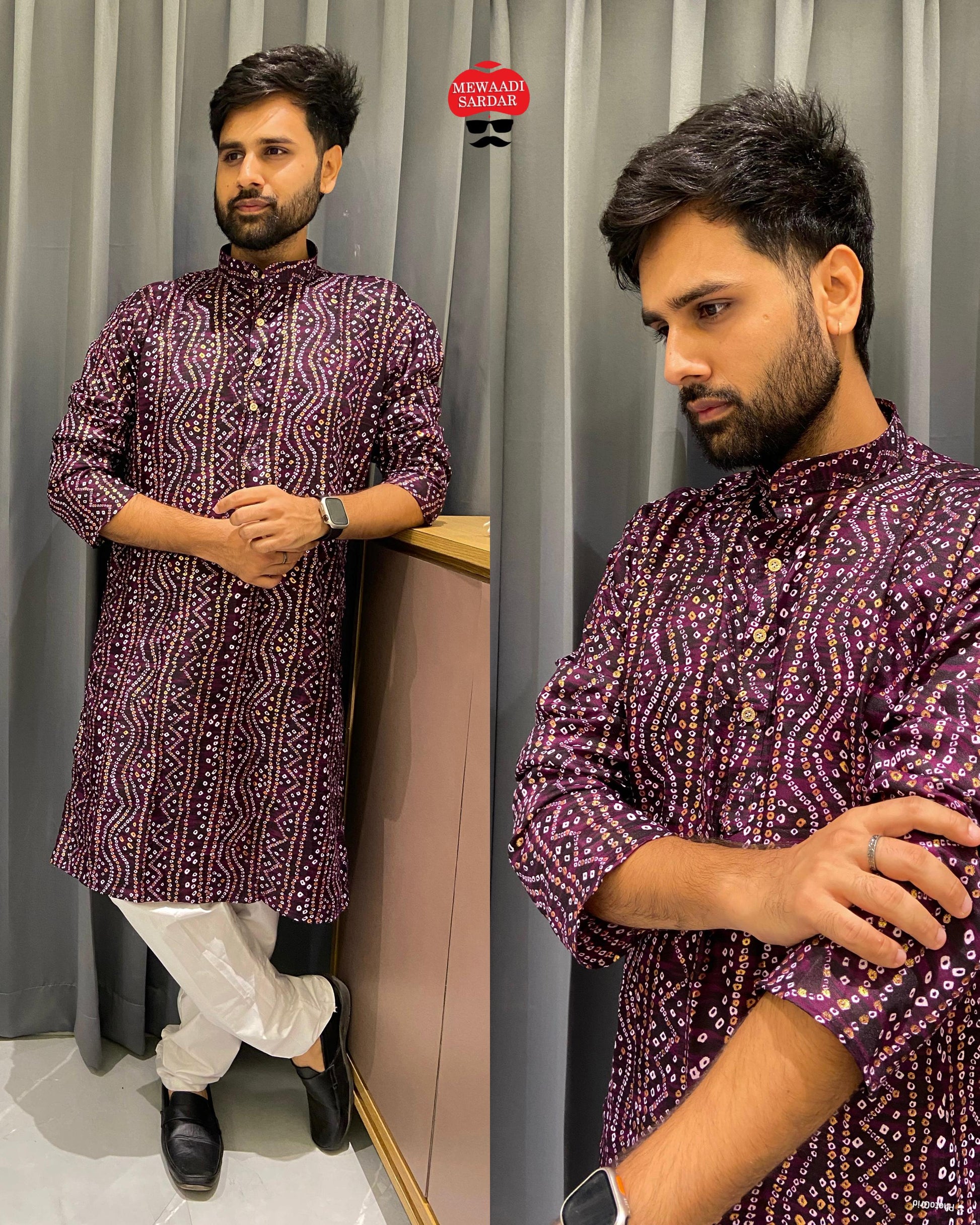 Being Bandhani Print Wine Bluehills Mens Kurta