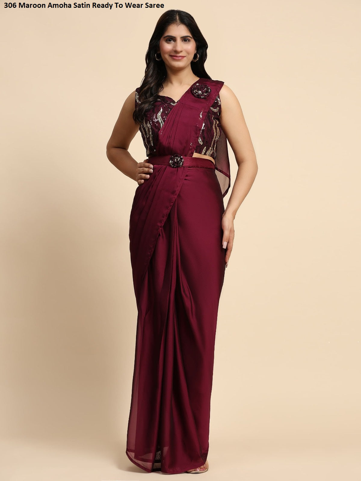 306 Maroon Amoha Satin Ready To Wear Saree