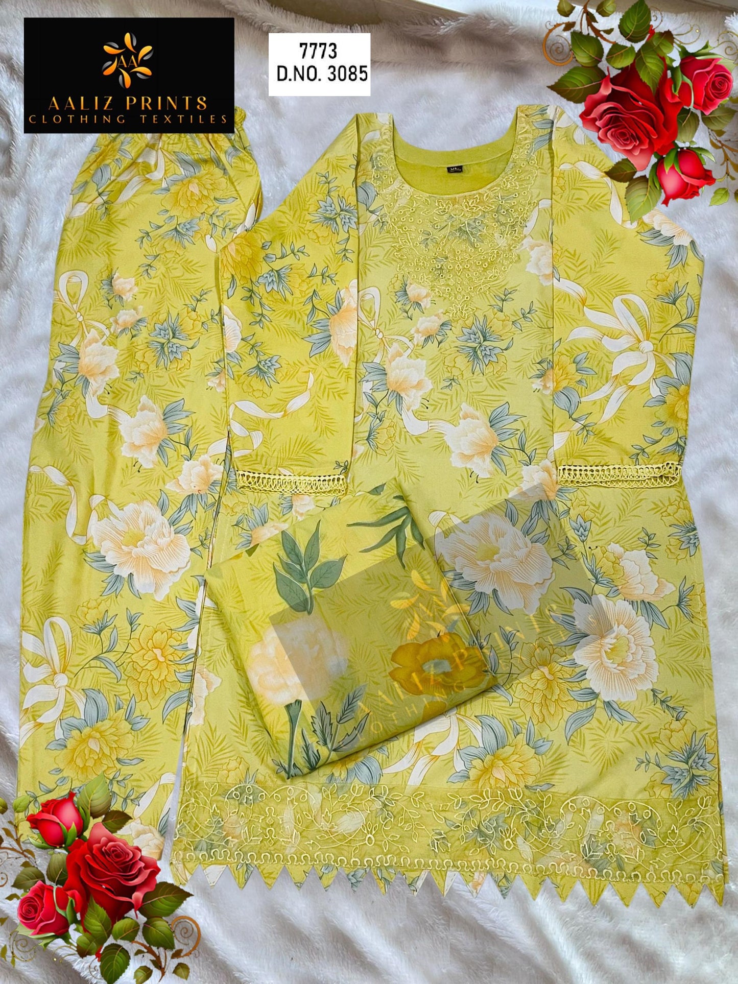 3085 Yellow Aaliz Print Printed Pakistani Patch Suits
