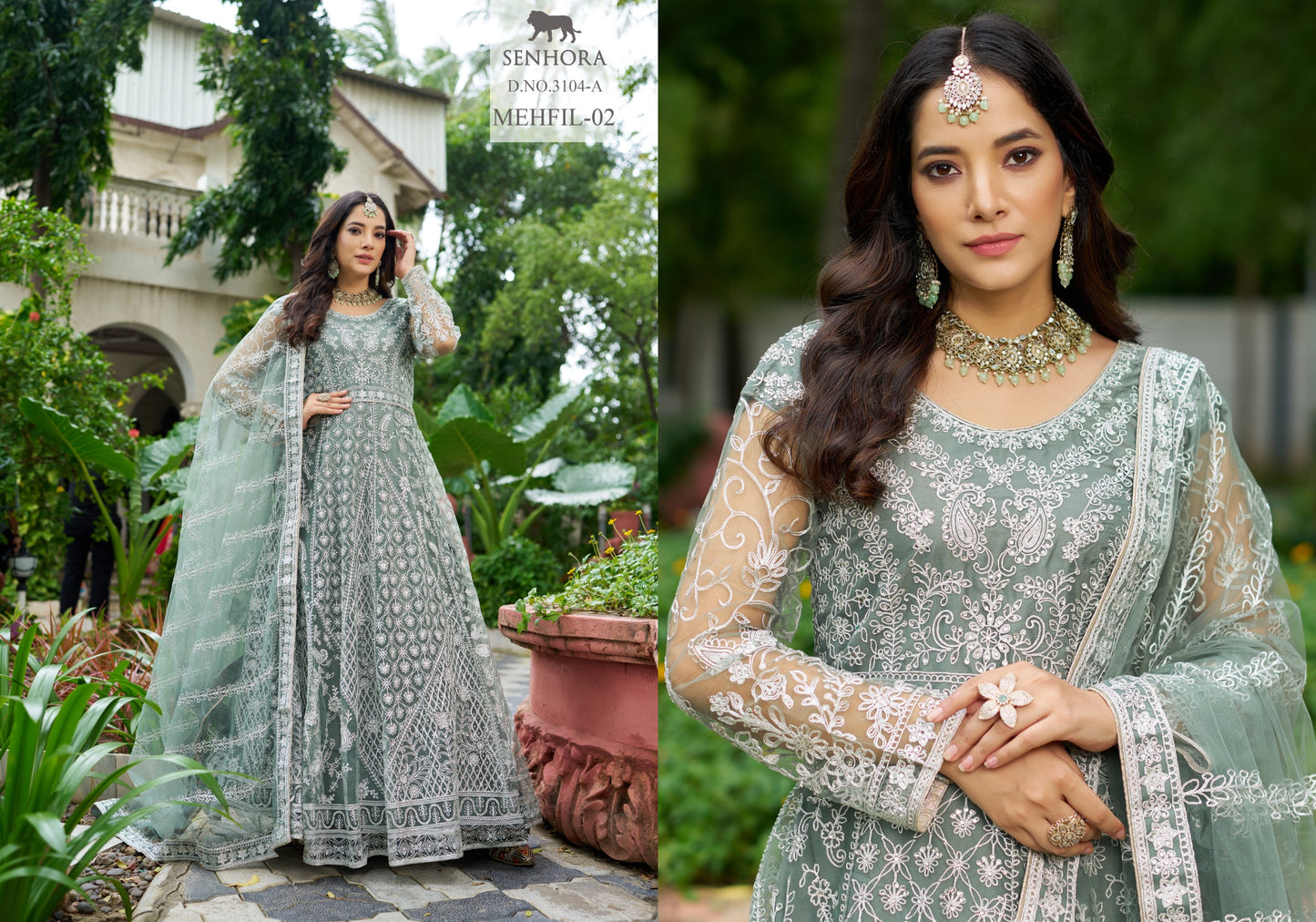 3104-A Dusty Green Senhora Anarkali Gown Dupatta Set